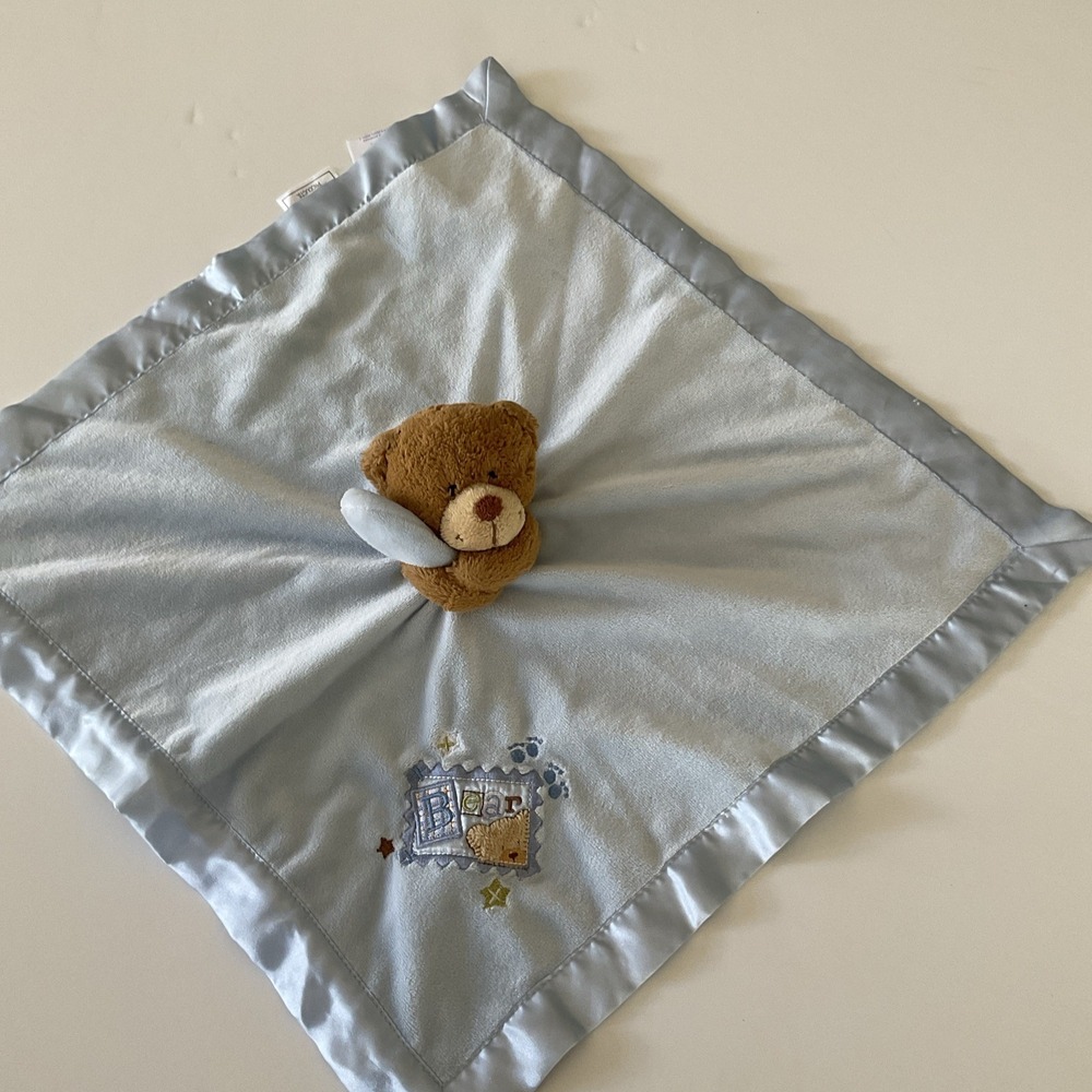 Baby Starters Blue Bear Lovey Security Blanket Rattle Satin Brown Plush Toy 18"